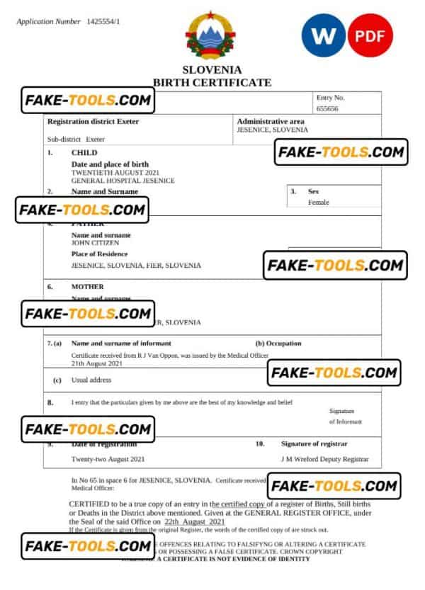 Slovenia birth certificate Word and PDF template, completely editable