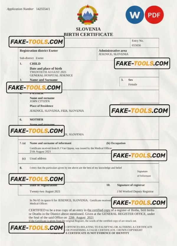 Slovenia birth certificate Word and PDF template, completely editable