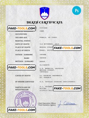 Slovenia death certificate PSD template, completely editable
