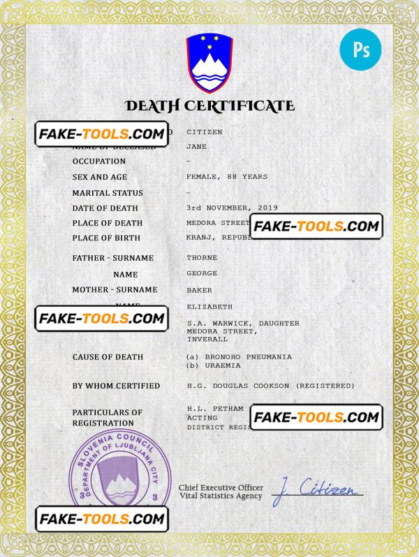 Slovenia death certificate PSD template, completely editable