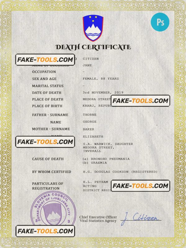 Slovenia death certificate PSD template, completely editable scan effect