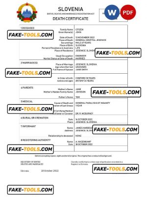 Slovenia vital record death certificate Word and PDF template
