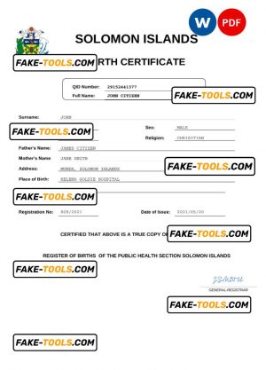 Solomon Islands vital record birth certificate Word and PDF template, completely editable