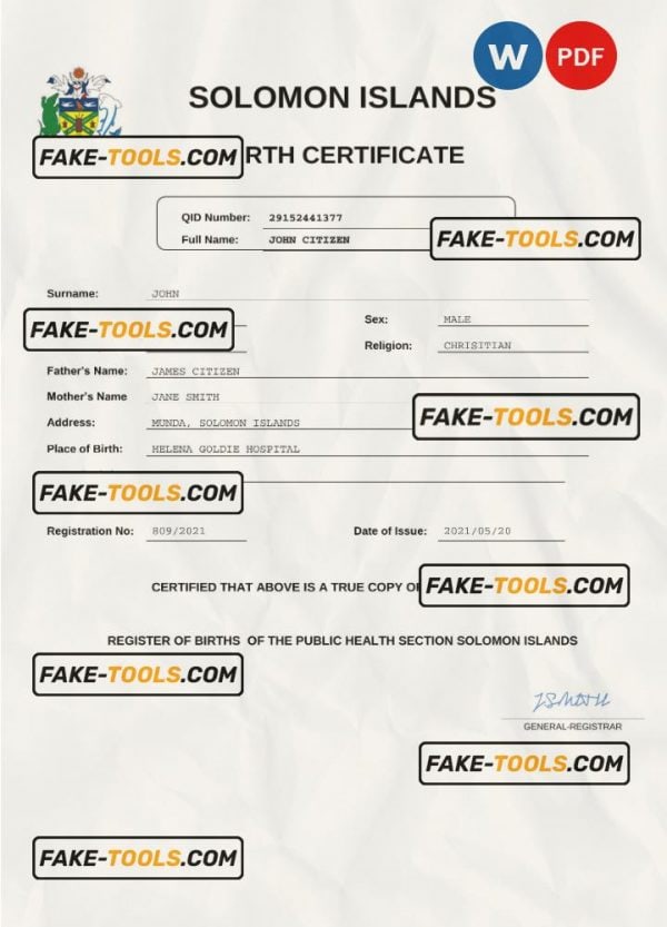 Solomon Islands vital record birth certificate Word and PDF template, completely editable