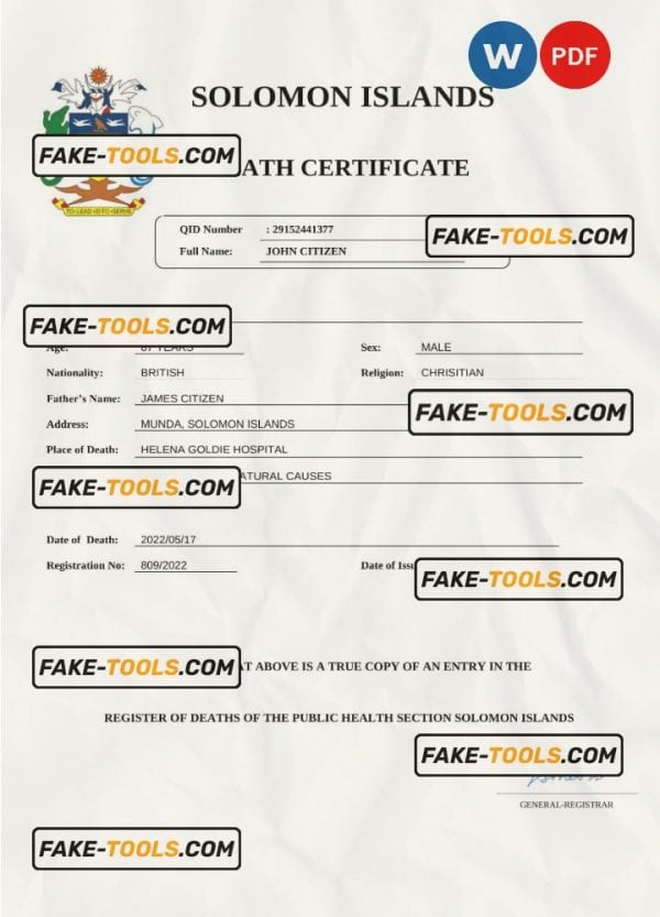Solomon Islands vital record death certificate Word and PDF template