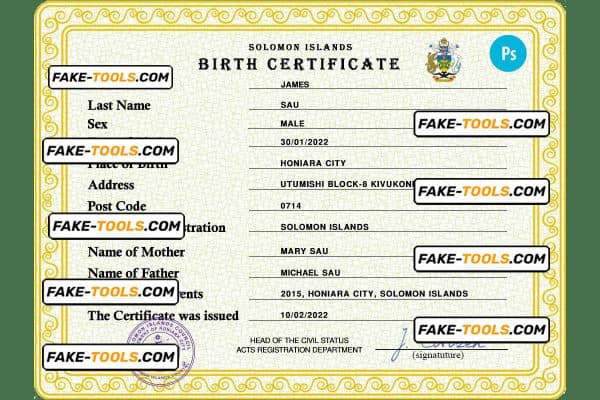 Solomon vital record birth certificate PSD template, fully editable