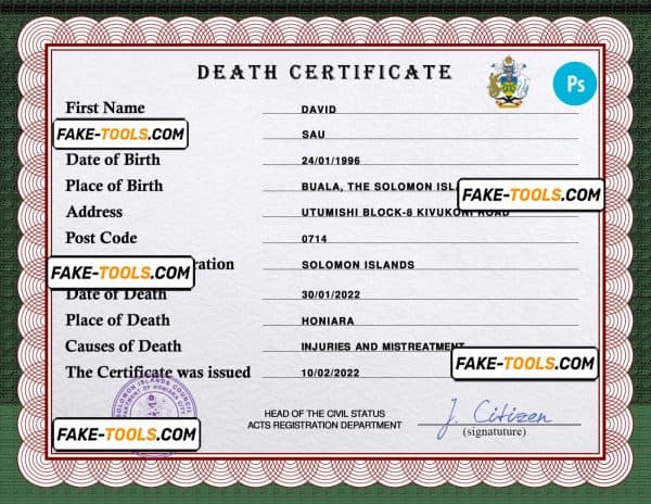 Solomon vital record death certificate PSD template, fully editable