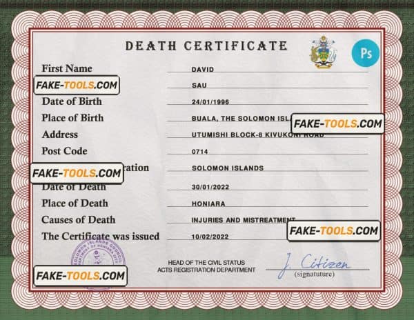Solomon vital record death certificate PSD template, fully editable