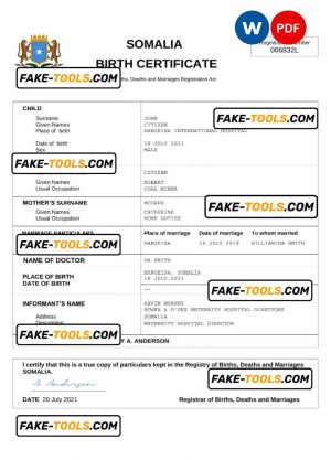 Somalia birth certificate Word and PDF template, completely editable