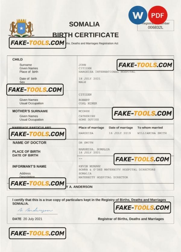 Somalia birth certificate Word and PDF template, completely editable