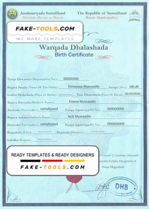 Somalia birth certificate template in PSD format, fully editable