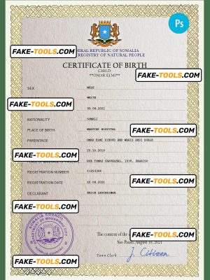 Somalia vital record birth certificate PSD template