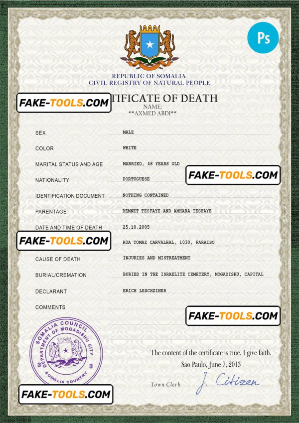 Somalia vital record death certificate PSD template, completely editable