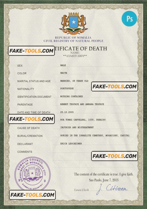 Somalia vital record death certificate PSD template, completely editable