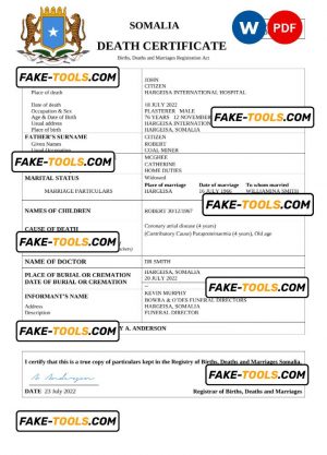 Somalia vital record death certificate Word and PDF template