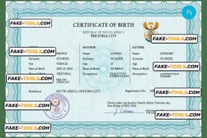South Africa birth certificate PSD template, completely editable