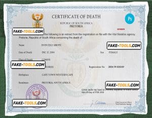 South Africa death certificate PSD template, completely editable
