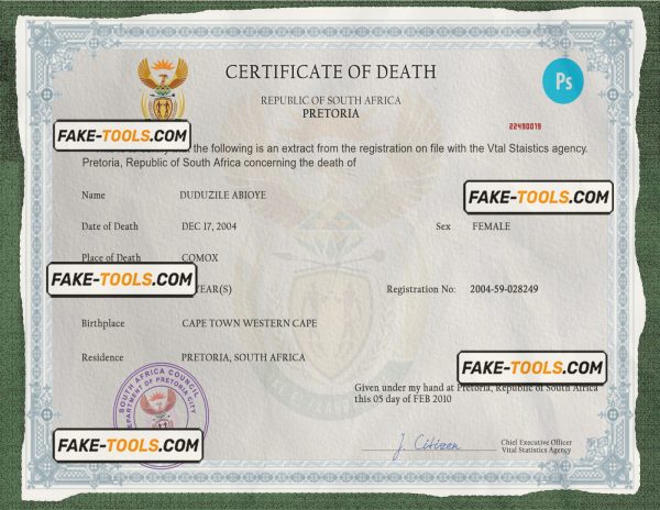 South Africa death certificate PSD template, completely editable scan effect