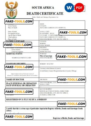 South Africa death certificate Word and PDF template, completely editable
