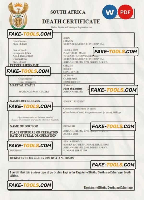 South Africa death certificate Word and PDF template, completely editable