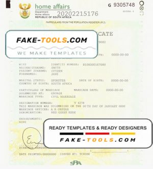 South Africa marriage certificate template in PSD format, fully editable