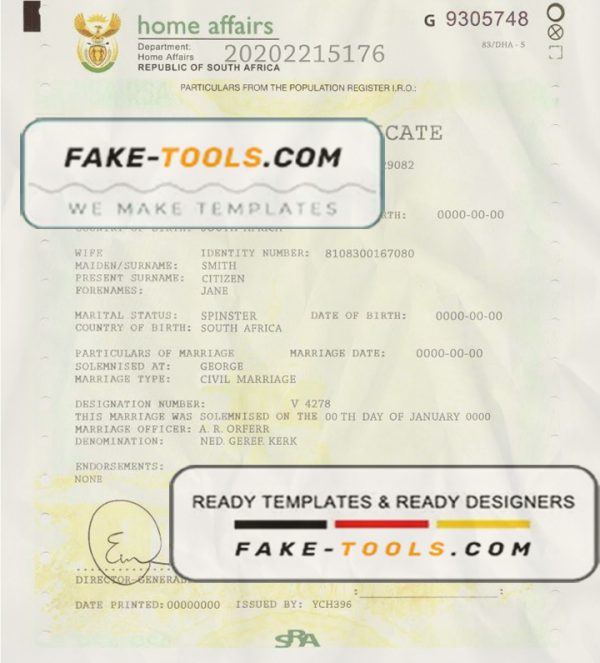 South Africa marriage certificate template in PSD format, fully editable