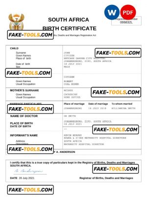 South Africa vital record birth certificate Word and PDF template, completely editable