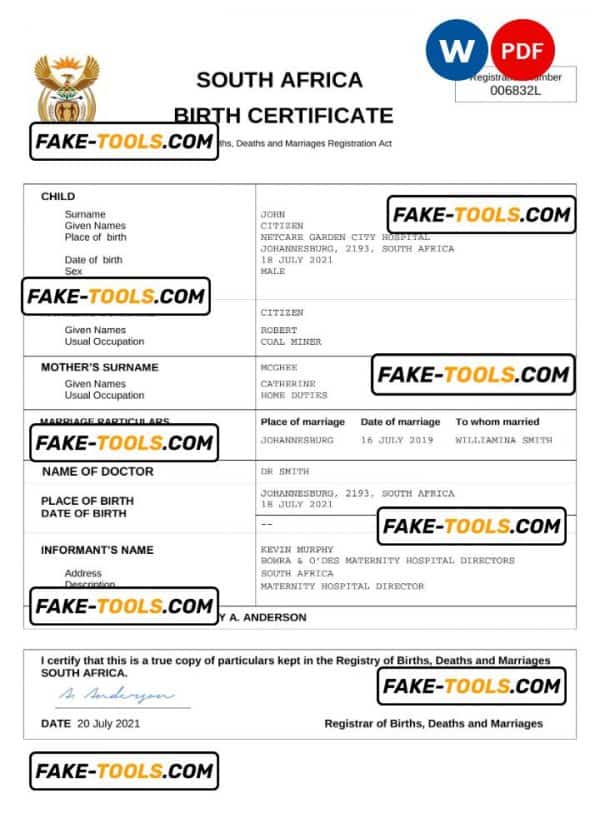 South Africa vital record birth certificate Word and PDF template, completely editable