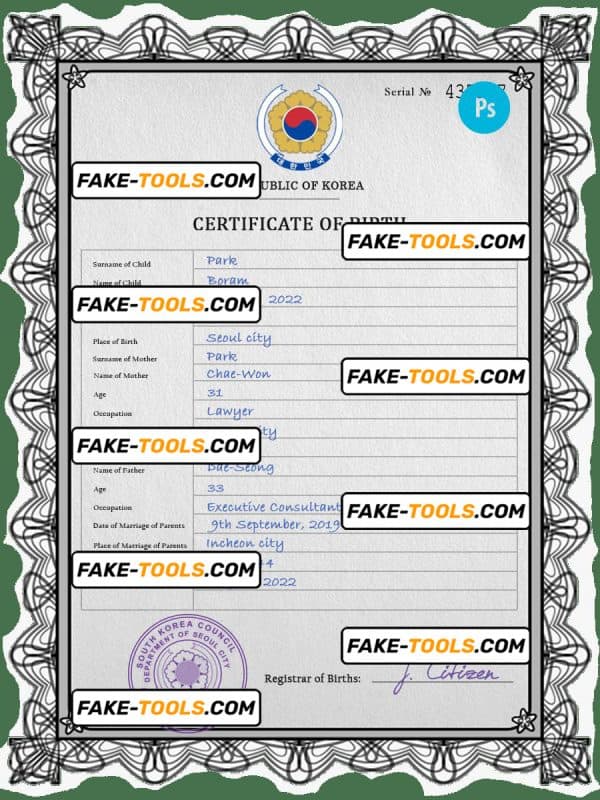 South Korea birth certificate PSD template, completely editable
