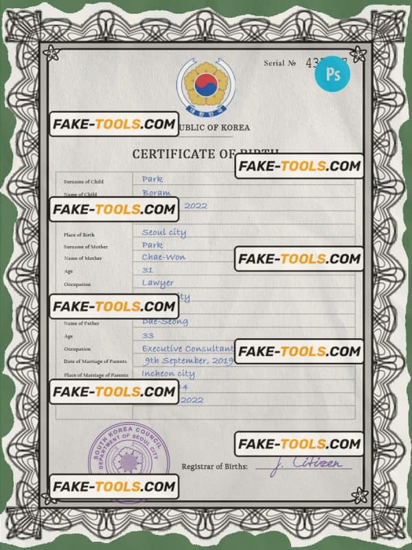 South Korea birth certificate PSD template, completely editable