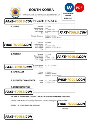 South Korea birth certificate Word and PDF template, completely editable