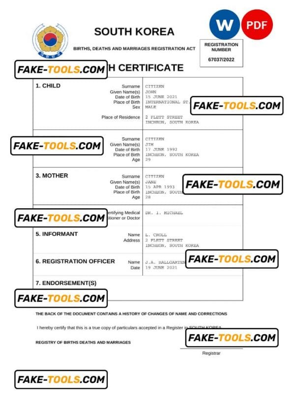 South Korea birth certificate Word and PDF template, completely editable