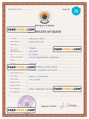 South Korea vital record death certificate PSD template