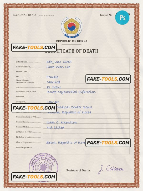South Korea vital record death certificate PSD template