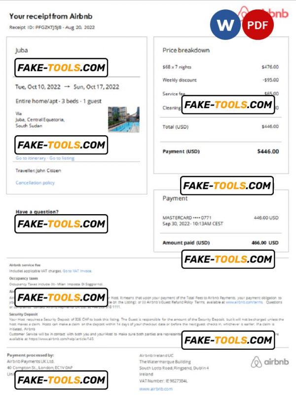 South Sudan Airbnb booking confirmation Word and PDF template