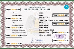 South Sudan birth certificate PSD template, completely editable
