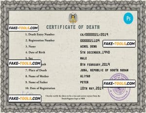 South Sudan death certificate PSD template, completely editable