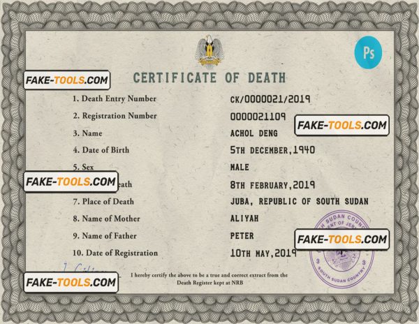 South Sudan death certificate PSD template, completely editable
