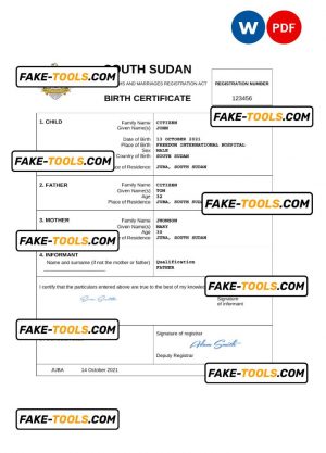 South Sudan vital record birth certificate Word and PDF template, completely editable