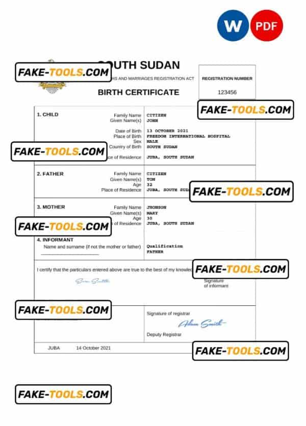 South Sudan vital record birth certificate Word and PDF template, completely editable