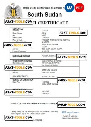 South Sudan vital record death certificate Word and PDF template