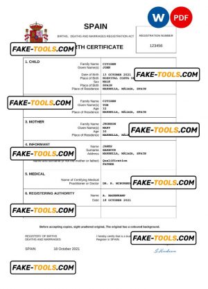 Spain birth certificate Word and PDF template, completely editable
