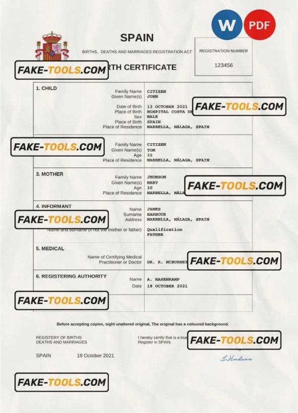 Spain birth certificate Word and PDF template, completely editable