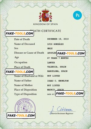Spain death certificate PSD template, completely editable
