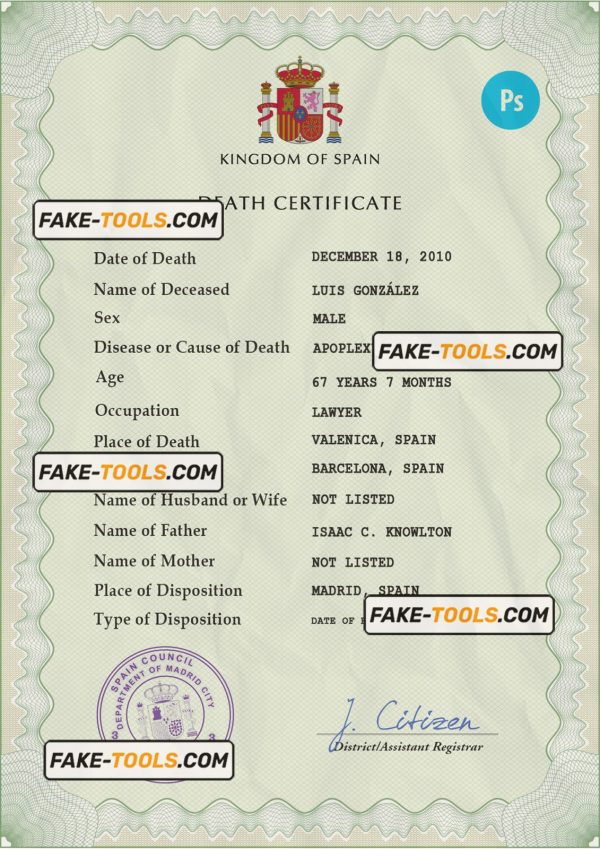 Spain death certificate PSD template, completely editable