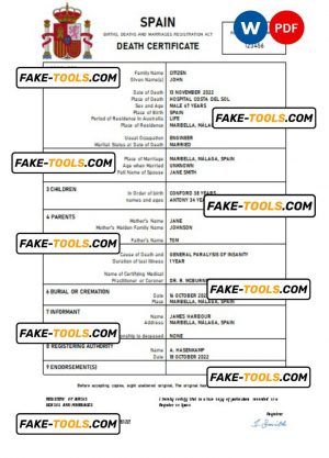 Spain death certificate Word and PDF template, completely editable