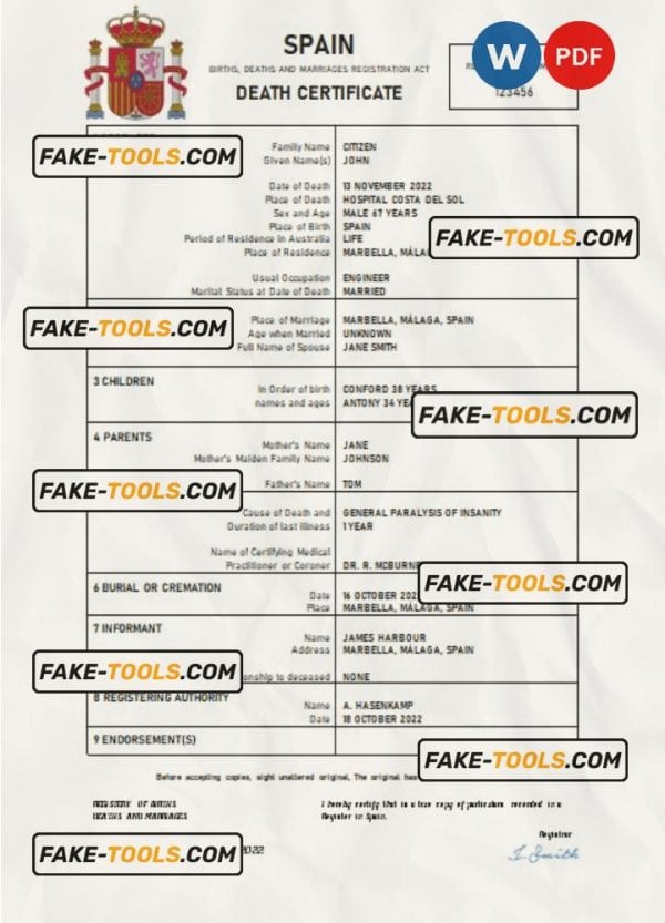 Spain death certificate Word and PDF template, completely editable