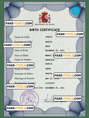 Spain vital record birth certificate PSD template, fully editable