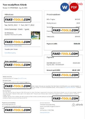 Sri Lanka Airbnb booking confirmation Word and PDF template