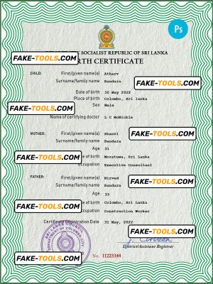 Sri Lanka vital record birth certificate PSD template
